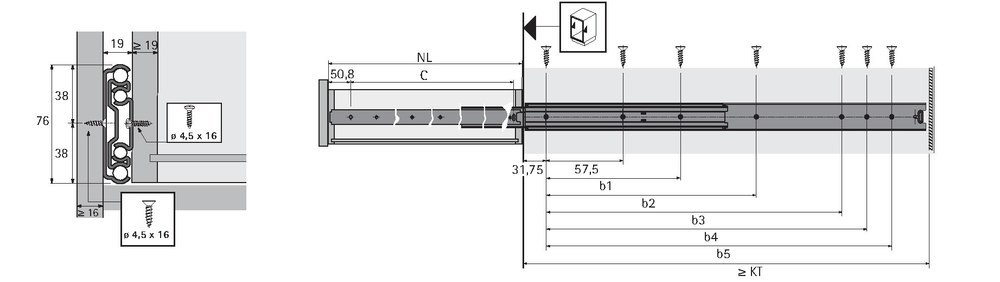 Hettich Kugelauszug KA 3320, 19 mm Einbaubreite, 909mm 9280652