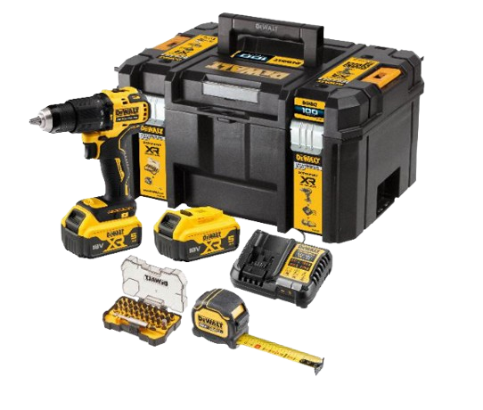 Artikelhauptbild Dewalt 18V Akku-Schlagbohrschrauber DCD709 inkl. 2 Akkus 5AH, Schnelladegerät, Tough Tape Badmaß 5m  x 32mm DWHT36917-0, 32 tlg. FLEXTORQ BiZ100P2KT-QW